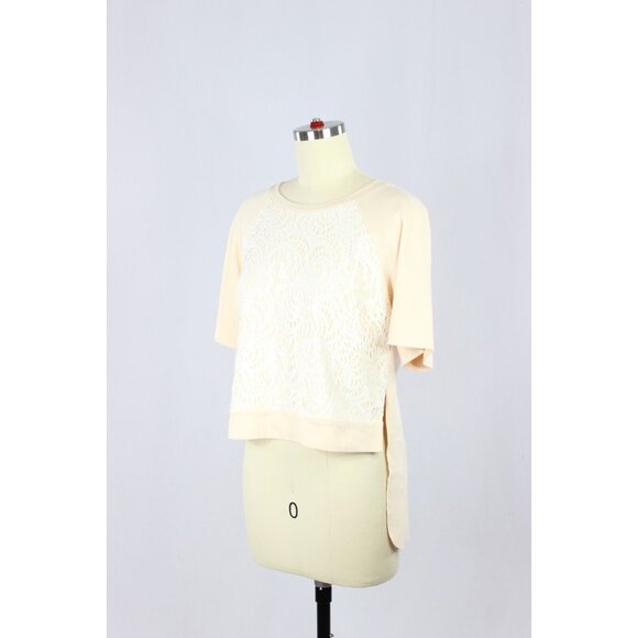 NWT ROBERT RODRIGUEZ Beige White Lace Overlay Cotton Blend Raglan Top, Size 2 - Picture 4 of 14